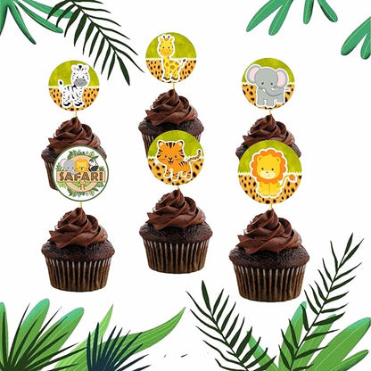 24 Pc Jungle/Animal Theme CupCake Topper Set For Birthday, Baby Shower Party Decorations