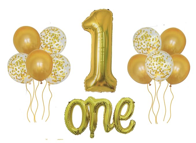 1st Birthday Foil , Metallic & Confetti Balloons for Party Decoration 12 pc Set (Golden)