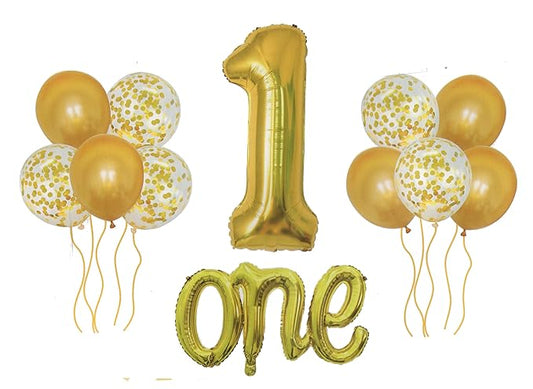 1st Birthday Foil , Metallic & Confetti Balloons for Party Decoration 12 pc Set (Golden)