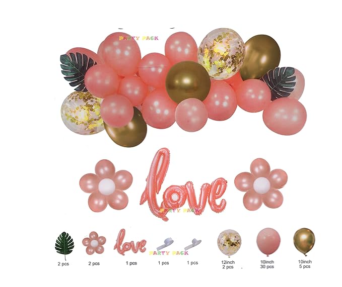 Love Foil Balloons , Confetti , Green leaf & Metallic balloon Combo Kit for Birthday Anniversary valentine Party Decoration (Rosegold)