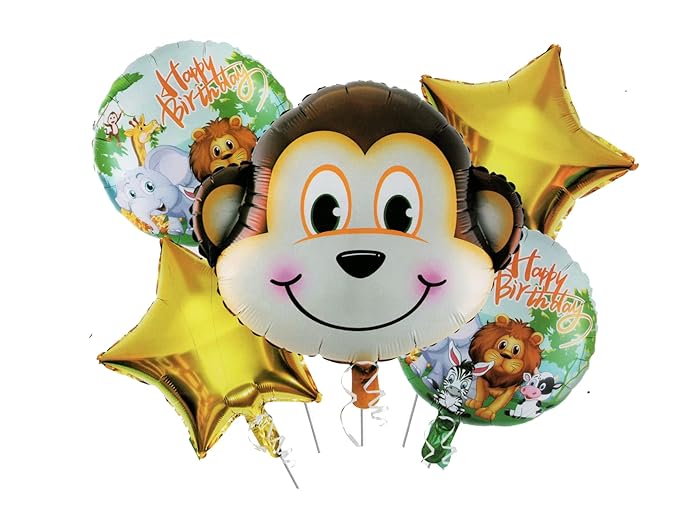 Monkey Theme Foil Balloons for Birthday Decoration 5 pc Set