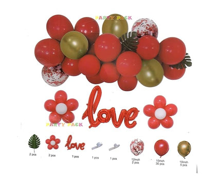 Love Foil Balloons , Confetti , Green leaf & Metallic balloon Combo Kit for Birthday Anniversary valentine Party Decoration (Red)