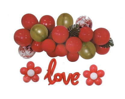 Love Foil Balloons , Confetti , Green leaf & Metallic balloon Combo Kit for Birthday Anniversary valentine Party Decoration (Red)