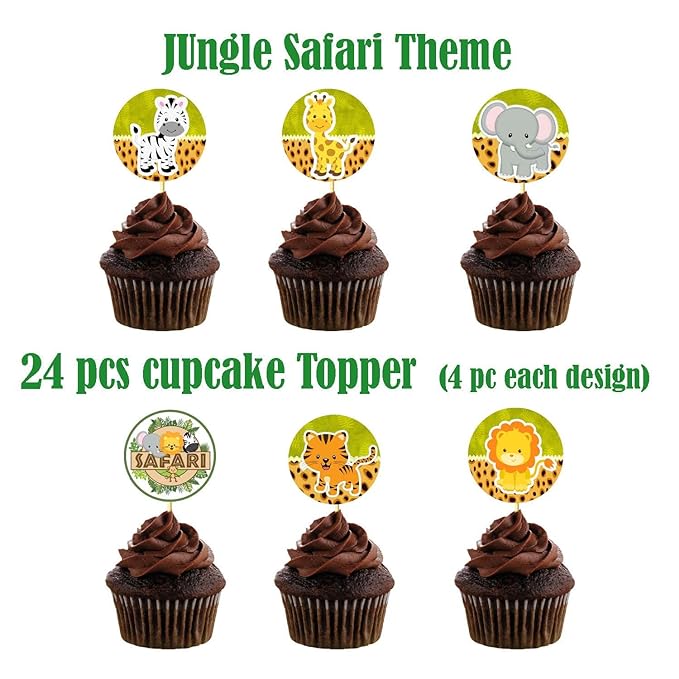 24 Pc Jungle/Animal Theme CupCake Topper Set For Birthday, Baby Shower Party Decorations