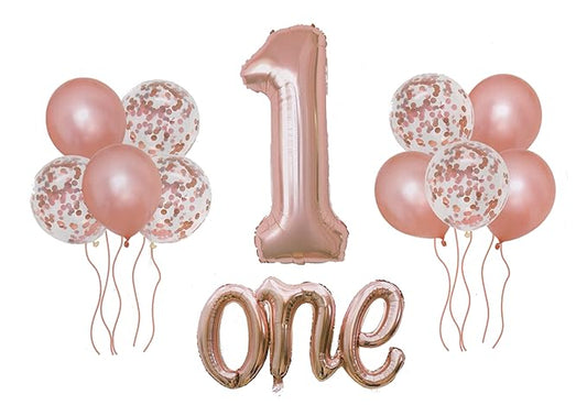 1st Birthday Foil , Metallic & Confetti Balloons for Birthday Decoration 12 pc Set (Rosegold)