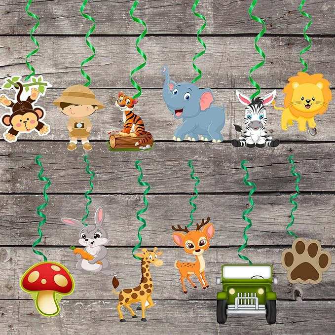 12 Pc Jungle/Animal Theme Ceiling Hangings/Danglers Set For Birthday, Baby Shower Party Decorations