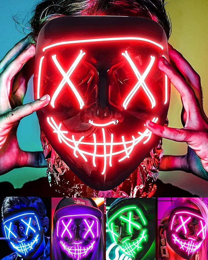 Neon LED Light Up Mask For Halloween Costume Party Decoration, Neon, rave & Bachlorate Party (1 pc Assorted Colours)