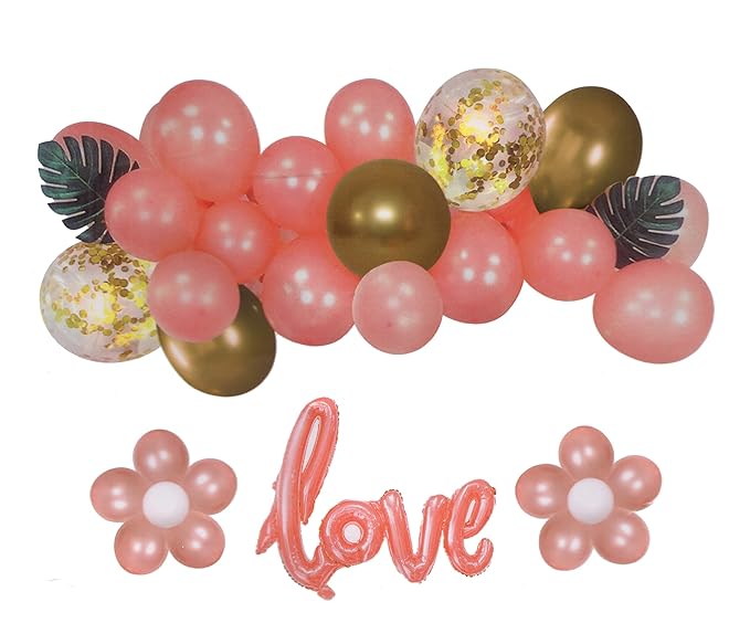 Love Foil Balloons , Confetti , Green leaf & Metallic balloon Combo Kit for Birthday Anniversary valentine Party Decoration (Rosegold)