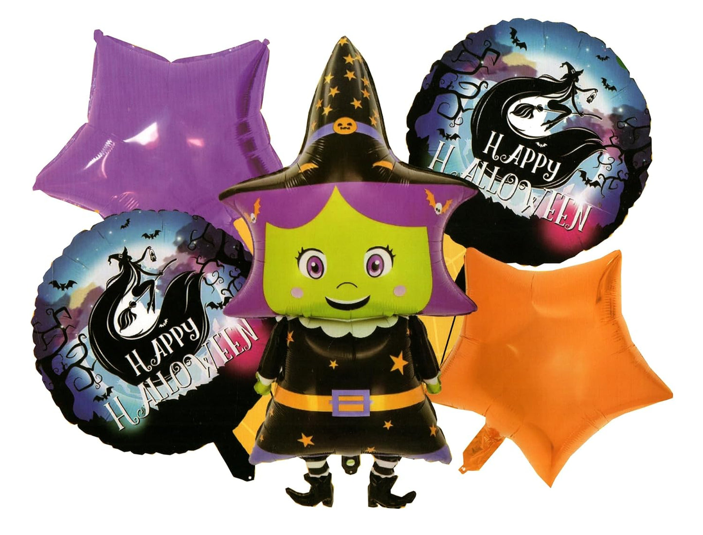 34 Inch Witch Shape Halloween Theme 5 Pc Set Foil Balloons For Halloween Party Decoration